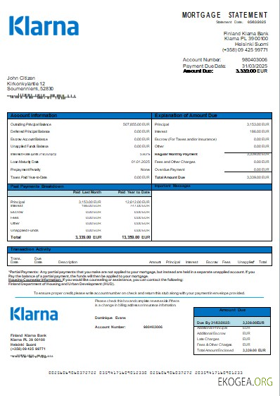 Finlande Klarna Bank relevé hypothécaire bancaire scr